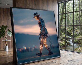 Illuminated Metal Sculpture Canvas, Walking Figure Art, Modern Industrial Wall Decor, Glowing Robot Canvas, Nighttime Outdoor Scene