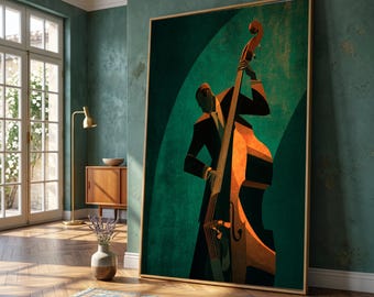Jazz Bassist Canvas Wall Art, Music Instrument Illustration, Vintage Style Musician Canvas, Modern Jazz Decor, Home Wall Art Design