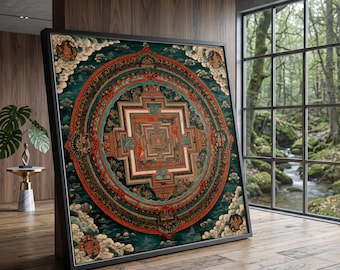 Tibetan Mandala Canvas Wall Art, Sacred Geometry Print, Spiritual Meditation Decor, Ethnic Symbolism Artwork, Bohemian Living Room Design