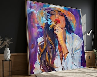 Elegant Woman with Cigar Canvas, Modern Portrait Wall Art, Colorful Smoke Painting, Chic Home Decor, Contemporary Canvas Art