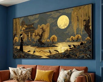 Mystical Asian Landscape Canvas, Golden Moonlit Pagoda Scene, Serene Nature Wall Art