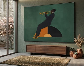 Jazz Musician Playing Trumpet Canvas, Modern Music Wall Art, Abstract Musician Illustration, Retro Style Canvas Decoration