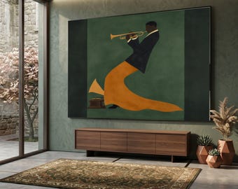 Jazz Musician Playing Trumpet Canvas, Vintage Music Wall Art, Midcentury Modern Canvas, Abstract Instrument Art, Home Music Decor