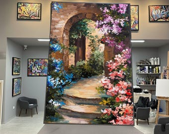 Charming Garden Pathway Canvas, Rustic Stone Archway Wall Art, Floral Bloom Landscape, Nature Home Decoration, Vibrant Flower Canvas