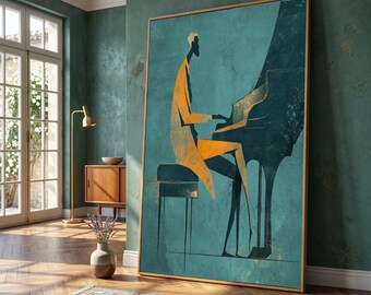 Abstract Jazz Piano Player Canvas, Modern Music Wall Art, Blue and Orange Home Decor, Artistic Musician Canvas, Contemporary Wall Decoration