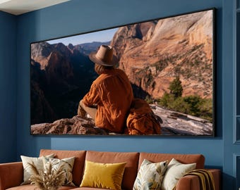 Adventure Seeker on Cliff Edge Canvas, Mountain Landscape Wall Art, Outdoor Exploration Canvas, Nature View Decoration, Hiking Scene Print