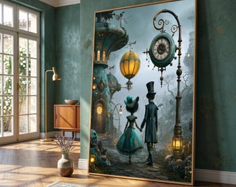 Steampunk Fantasy Couple Canvas, Vintage Clock and Hot Air Balloon Wall Art, Victorian Style Home Decor Canvas, Romantic Adventure Scene