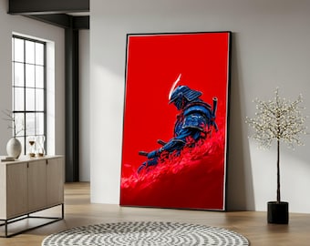 Blue Samurai Warrior Canvas Wall Art, Red Background, Japanese Armor Illustration, Modern Asian Decor, Ready to Hang Canvas Print