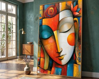 Abstract Buddha Face Canvas Wall Art, Colorful Spiritual Decor, Modern Meditation Art, Zen Canvas, Tranquil Home Decoration