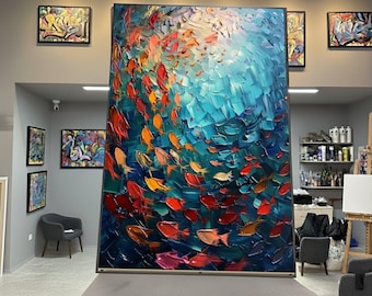 Vibrant School of Fish Canvas, Abstract Ocean Life Wall Art, Colorful Underwater Scene, Marine Canvas Decoration, Fish Painting