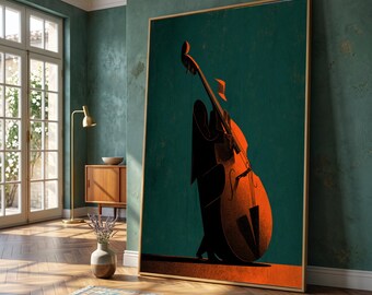Jazz Bassist Silhouette Canvas, Music Instrument Wall Art, Retro Jazz Musician Canvas, Bold Color Contrast Art, Modern Home Decor