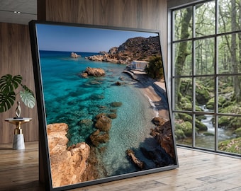Crystal Clear Sea Cove, Coastal Rocky Shore Canvas, Turquoise Water Beach Scene, Mediterranean Landscape Wall Art, Summer Ocean View