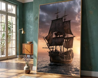 May include: A large framed wall art print featuring a tall ship with dark, weathered sails navigating calm ocean waters during a sunset. The sky is filled with dramatic, dark clouds illuminated by a warm, golden light near the horizon line.