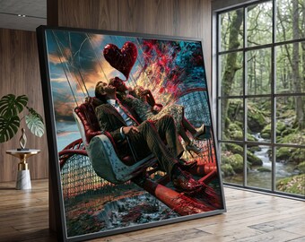 Romantic Couple on Roller Coaster Canvas, Abstract Heart Balloon Art, Love Celebration Wall Decor, Wedding Moment Canvas, Vibrant Color