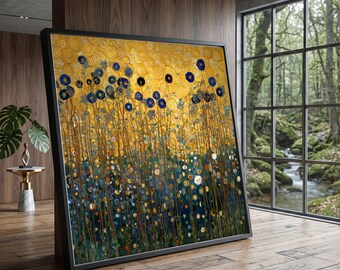 Gustav KlimtVibrant Blue Flowers Abstract Canvas Art, Yellow Gold Spiral Garden Wall Decor