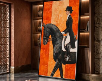 Equestrian Portrait Canvas, Woman Horse Rider Wall Art, Black Horse Painting, Modern Scene