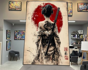 Lienzo de geisha feroz, arte japonés con katanas, decoración de pared con tatuajes de dragón, lienzo de mujer samurái, arte mural de cultura asiática