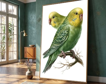 Pair of Green Budgerigar Birds Canvas, Botanical Illustration Wall Art, Nature Decor, Avian Wildlife Print, Ready to Hang Canvas Art