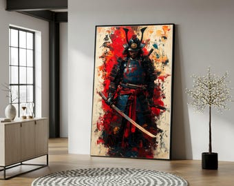 Fierce Samurai Warrior Canvas, Japanese Armor Art, Sword Fight Painting, Red and Blue Wall Decor, Oriental Historical Canvas, Ready to Hang