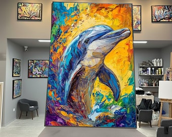 Vibrant Dolphin Canvas Wall Art, Colorful Ocean Life Painting, Abstract Marine Animal Decor, Coastal Wall Art, Ready to Hang