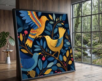 Vibrant Birds Branches Canvas, Blue Gold Botanical Wall Art, Nature Scene Illustration