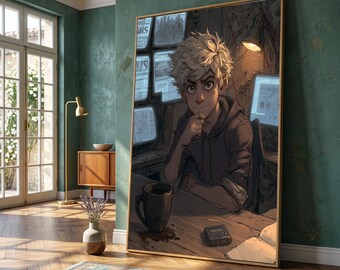 Thoughtful Young Man Study Room Canvas, Digital Art Illustration, Cozy Creative Workspace, Intriguing Character Portrait, Wall Art Decor