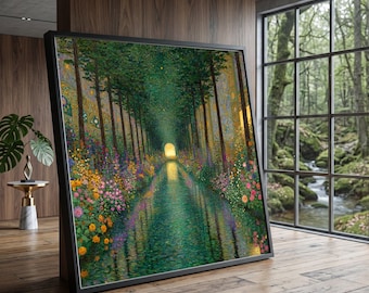 Enchanted Garden Pathway Canvas, Floral Reflection Wall Art, Magical Nature Landscape, Tree Lined Canal Painting, Romantic Home Decoration