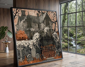 Haunted Victorian Mansion Canvas, Spooky Graveyard Wall Art, Gothic Home Decor, Autumn Halloween Canvas, Creepy Iron Gate Illustration