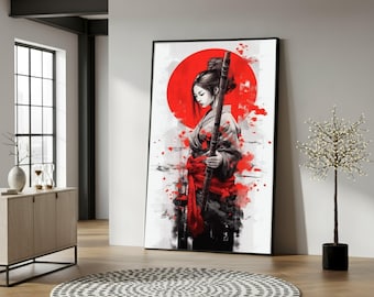 Elegant Samurai Woman Canvas Wall Art, Japanese Geisha with Katana Sword, Red Sun Background Painting, Asian Warrior Decor, Traditional