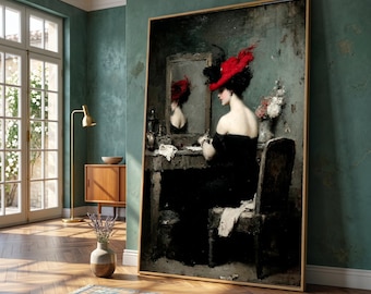 Vintage Woman Red Hat Portrait Canvas, Victorian Style Wall Art Home Decor