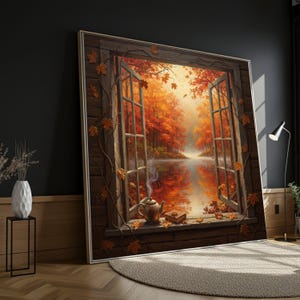 Könnte beinhalten: Ein gerahmter Leinwanddruck zeigt ein offenes Fenster mit Blick auf eine Herbstszene. Der Fensterrahmen ist aus dunklem Holz, verziert mit Weinranken und Blättern. Die Szene zeigt einen See, umgeben von orangefarbenen und roten Bäumen, mit einer Teekanne und einem Buch auf der Fensterbank.