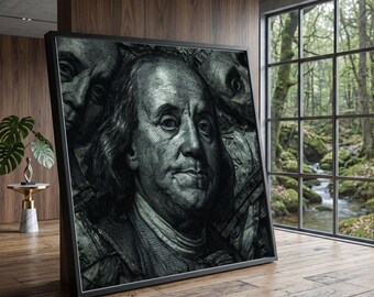 Vintage Benjamin Franklin Portrait Canvas, Classic American History Wall Art, Retro Money Illustration Canvas, Home Office Decoration