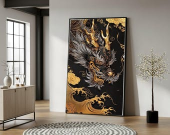 Majestic Gold Dragon Canvas Print, Asian Mythical Art, Ready to Hang