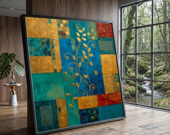Elegant Gold Vines Blue Teal Abstract Canvas, Geometric Floral Wall Art, Modern Square Design, Home Decor Canvas, Ready to Hang Art