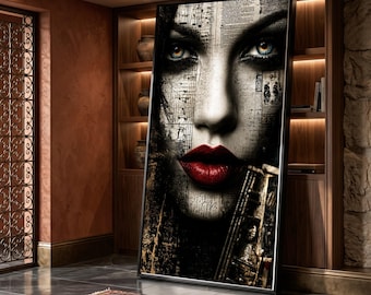 Mysterious Woman Portrait Canvas, Music Notes Wall Art, Bold Red Lips Canvas, Artistic Face Close-Up, Saxophone Music Canvas Decoration