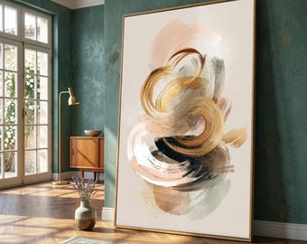 Elegant Abstract Swirls Canvas, Gold and Neutral Brushstroke Wall Art, Modern Minimalist Home Decoration, Contemporary Canvas Print