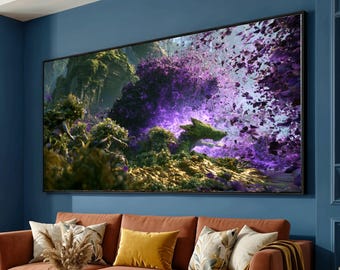 Enchanted Forest Spirits, Floral Figures and Mystical Purple Bloom Canvas, Nature Fantasy Wall Art, Magical Garden Scene Canvas, Vibrant