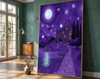 Starry Night Village Canvas, Moonlit Landscape Wall Art, Serene Pathway Home Decor