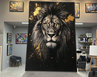 Lienzo con retrato de león majestuoso, arte mural en negro y dorado, lienzo de animales salvajes, decoración moderna para el hogar, pintura de cara de león majestuoso
