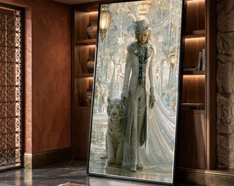 Regal Winter Prince with White Tiger Canvas, Fantasy Royal Portrait Wall Art, Elegant Costume Decoration, Magical Animal Companion Print