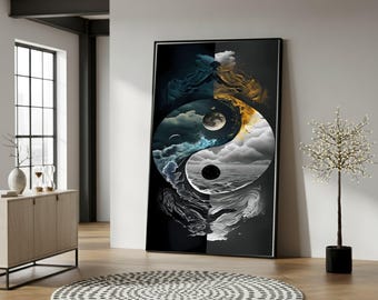 May include: A large framed print featuring a Yin and Yang design. The artwork is split vertically, with one side depicting a stormy sea and the other a calm sky with a moon. The colors include shades of blue, gray, and white.