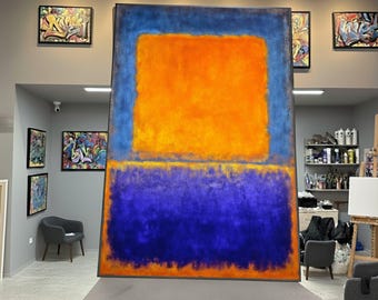 Lienzo abstracto con bloques de color, diseño moderno en naranja y azul, decoración minimalista vibrante para el hogar, impresión contemporánea en lienzo.