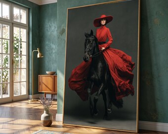 Woman Red Dress Black Horse Canvas Art, Equestrian Fashion Portrait Wall Decor