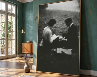 Vintage Couple Reading Outdoors Canvas, Romantic Black and White Wall Art, Classic Nostalgic Scene, Cozy Home Decoration Canvas