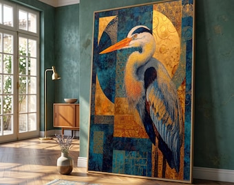 Majestic Heron Portrait Canvas, Abstract Blue Gold Background, Nature Bird Wall Art, Elegant Wildlife Decoration, Ready to Hang Canvas