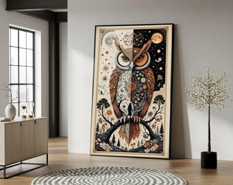 May include: Framed owl art print. The artwork features a detailed owl design split vertically, with one side depicting a daytime scene and the other a nighttime scene. The owl is perched on a branch with a black frame.