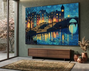 Starry Night Cityscape Canvas, Illuminated Bridge and Clock Tower, Waterfront Urban Scene Wall Art, Vibrant Evening Lights Canvas