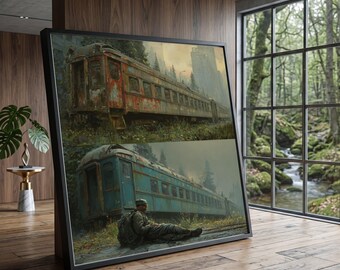 Abandoned Train Cars Canvas, Urban Decay Wall Art, Rusted Railroad Carriage Canvas, Post-Apocalyptic Scene Painting, Vintage Travel Canvas