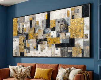 Abstract Geometric Gold Black Gray Canvas Wall Art, Contemporary Home Decoration Print
