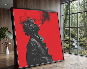 Bold Smoking Silhouette Canvas, Red Background Wall Art, Modern Urban Canvas, Edgy Portrait Artwork, Contemporary Home Decoration